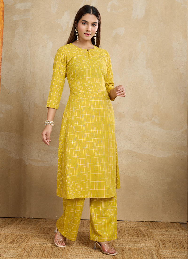 Yellow Printed Cotton Blend Kurta and Matching Pant Set