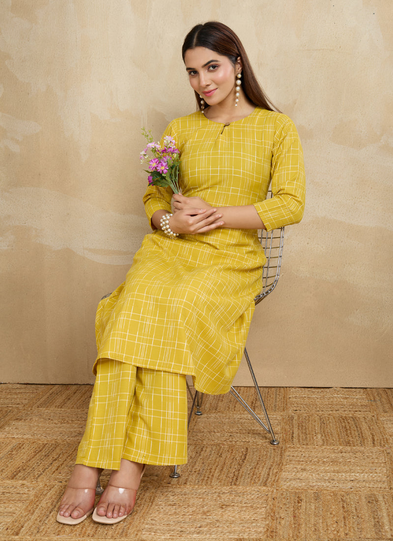 Yellow Printed Cotton Blend Kurta and Matching Pant Set