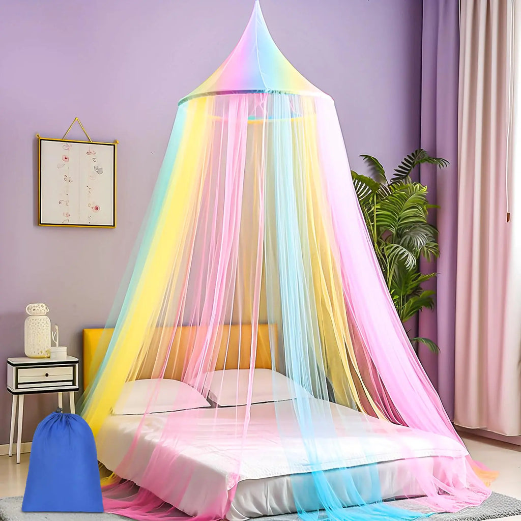 Sublaga Mosquito Net for Bed Large White Bed Canopy for Girls Hanging Bed Net Ideal for Bedroom Decorative Travel with Storage Bag (Rainbow1)