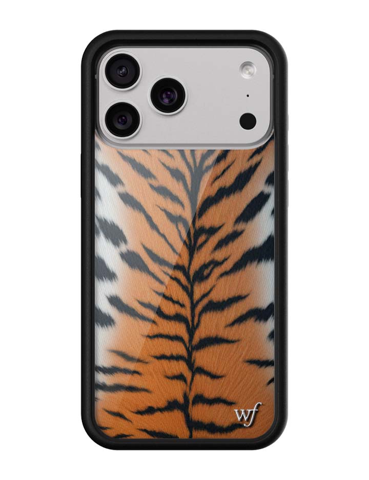 A sleek iPhone case featuring a tiger stripe print with a protective black rubber bumper.
