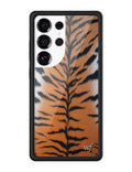 Samsung Galaxy phone case with a bold orange and black tiger stripe print and black rubber bumper.