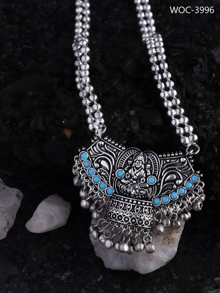 Oxidised Laxmi Mata Long Statement Necklace with Turquoise Stones