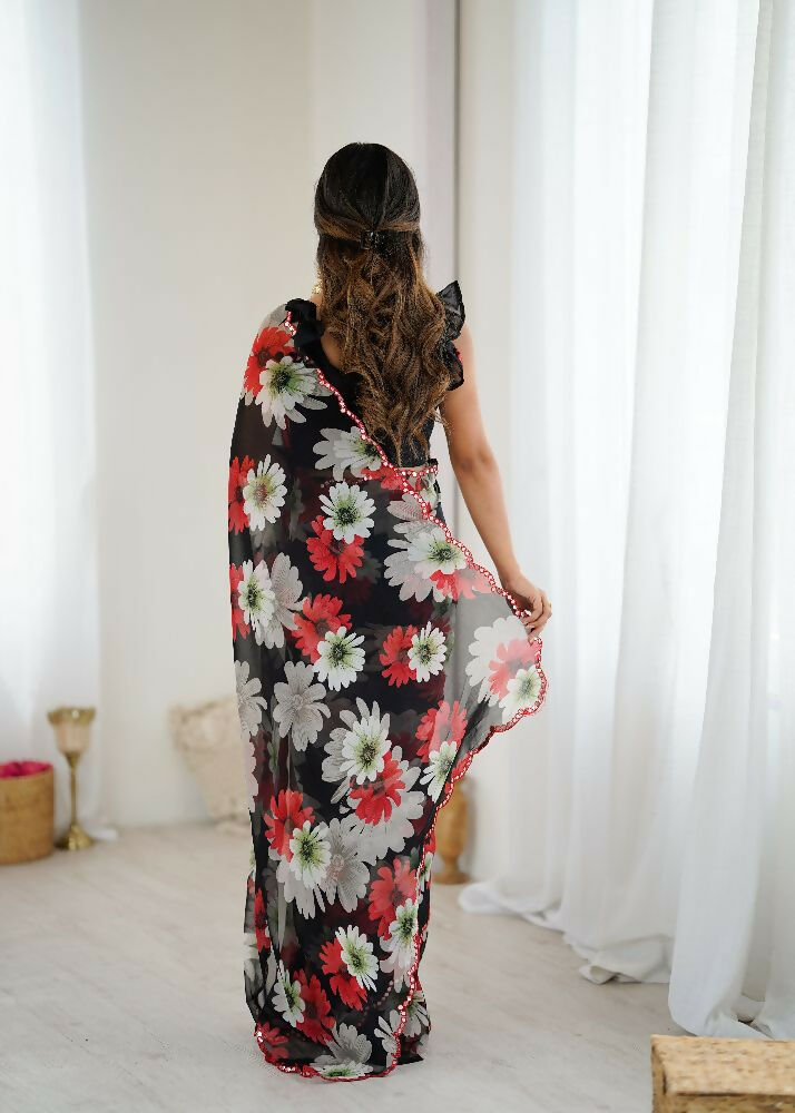 PR Fashion Black Georgette Printed With Mirror Work Saree