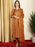 Woman wearing a mustard pashmina kurta set with floral digital prints and a matching dupatta