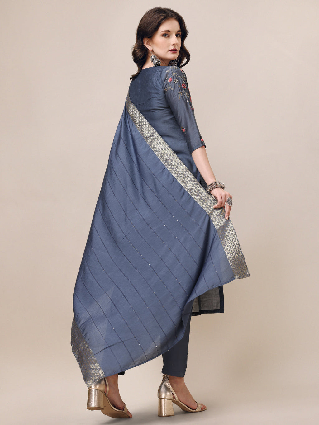 Multicolor Embroidered Rayon Kurta Set with Dupatta
