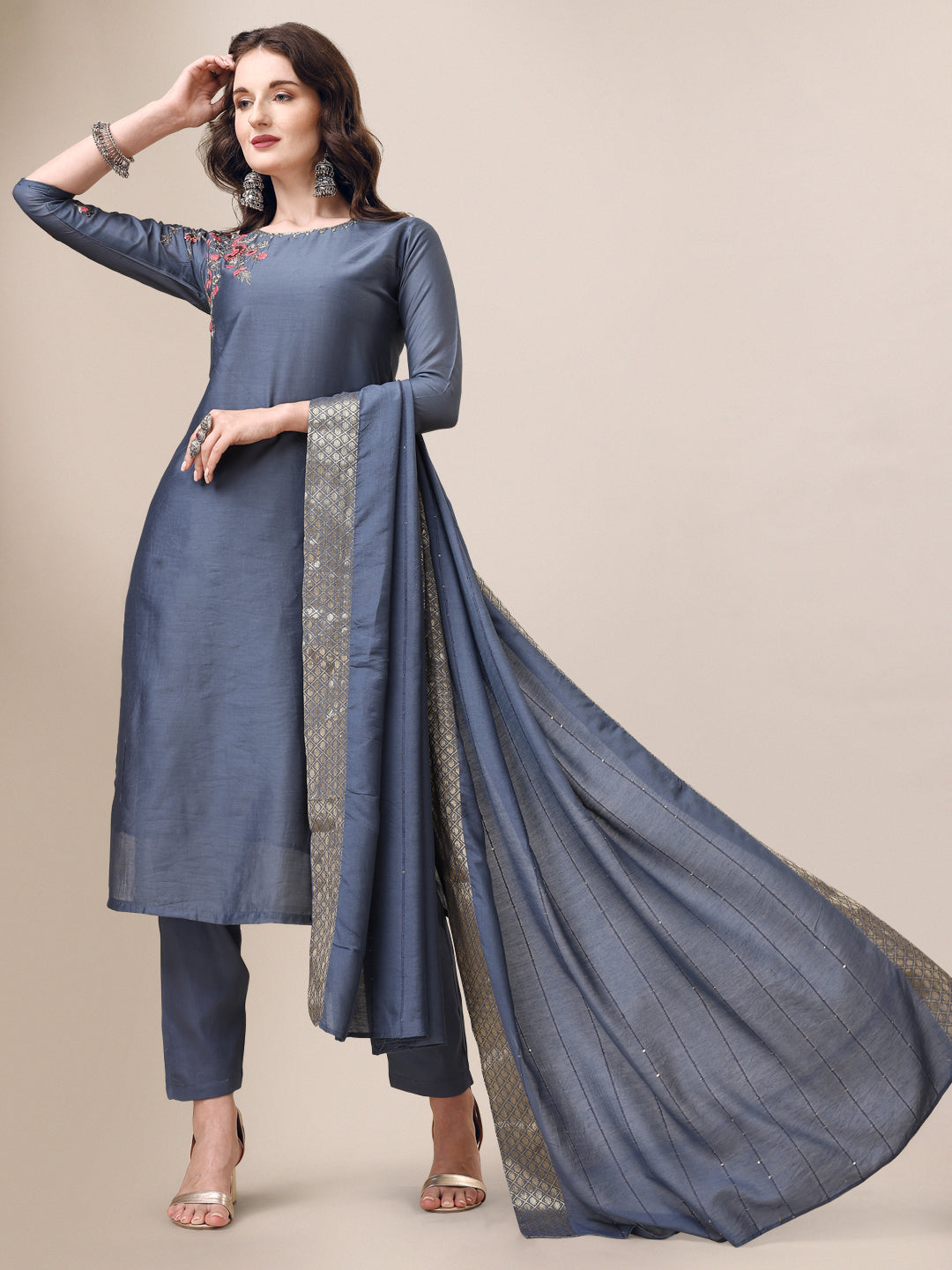 Beautifully embroidered multicolor rayon kurta set with 3/4th sleeves, pant, and dupatta.
