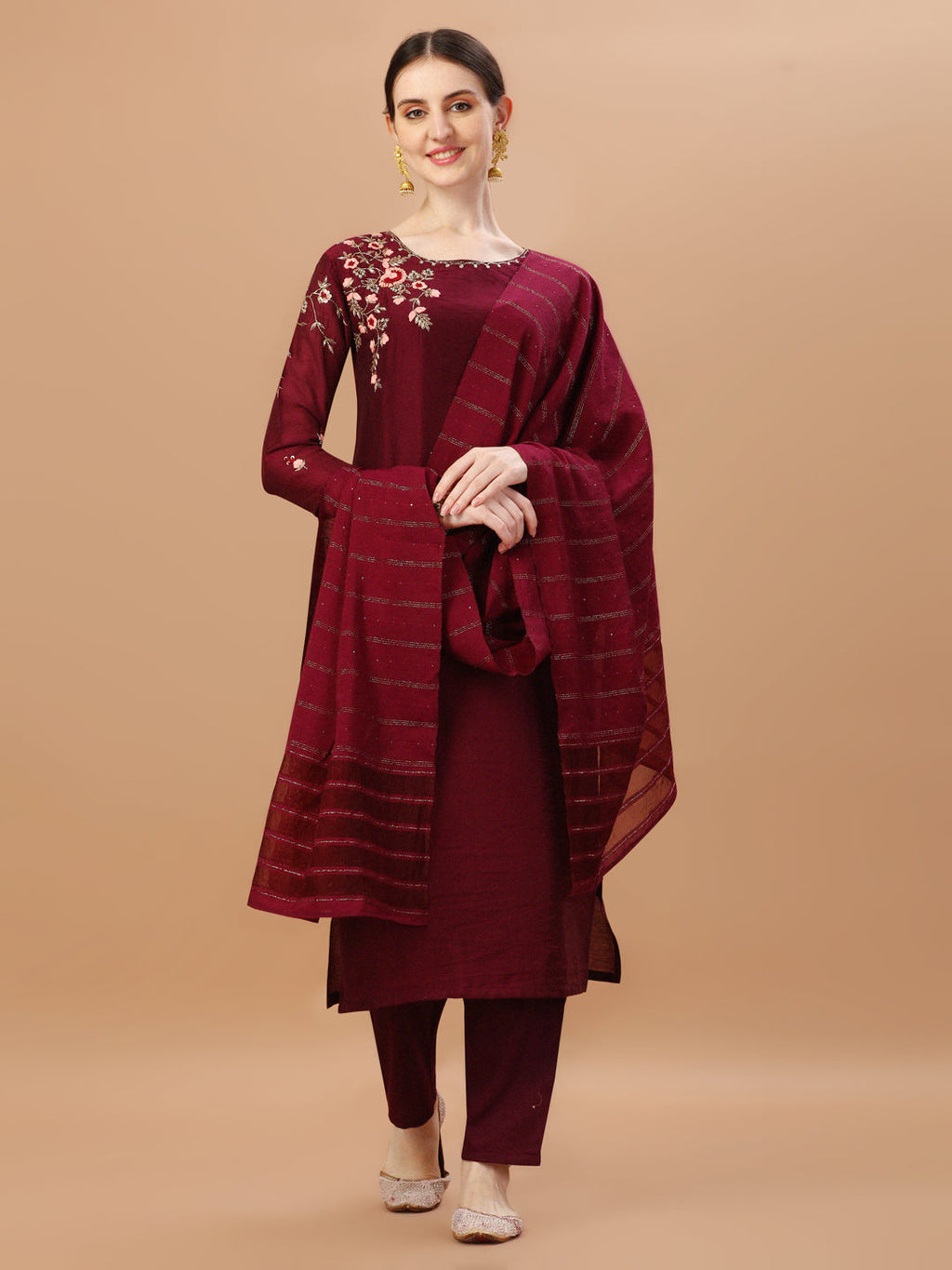 Placement Hand Embroidered Chanderi Kurta With Pant & Dupatta, Multicolor - Hiral Fashion