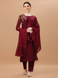 Placement Hand Embroidered Chanderi Kurta With Pant & Dupatta, Multicolor - Hiral Fashion