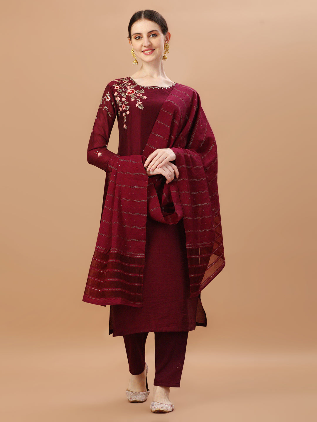 Placement Hand Embroidered Chanderi Kurta With Pant & Dupatta, Multicolor - Hiral Fashion