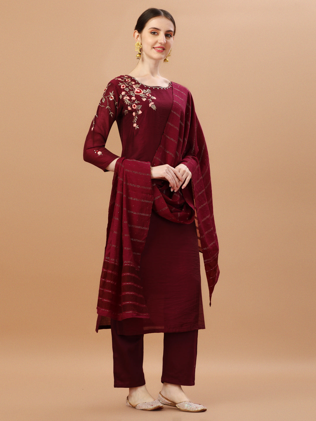 Placement Hand Embroidered Chanderi Kurta With Pant & Dupatta, Multicolor - Hiral Fashion
