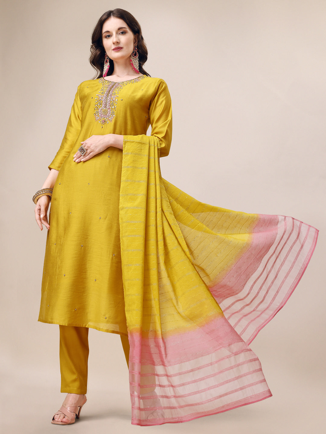 Hand-embroidered multicolor kurta set with 3/4th sleeves and dupatta