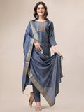 Multicolor hand-embroidered rayon kurta set with 3/4 sleeves and matching dupatta