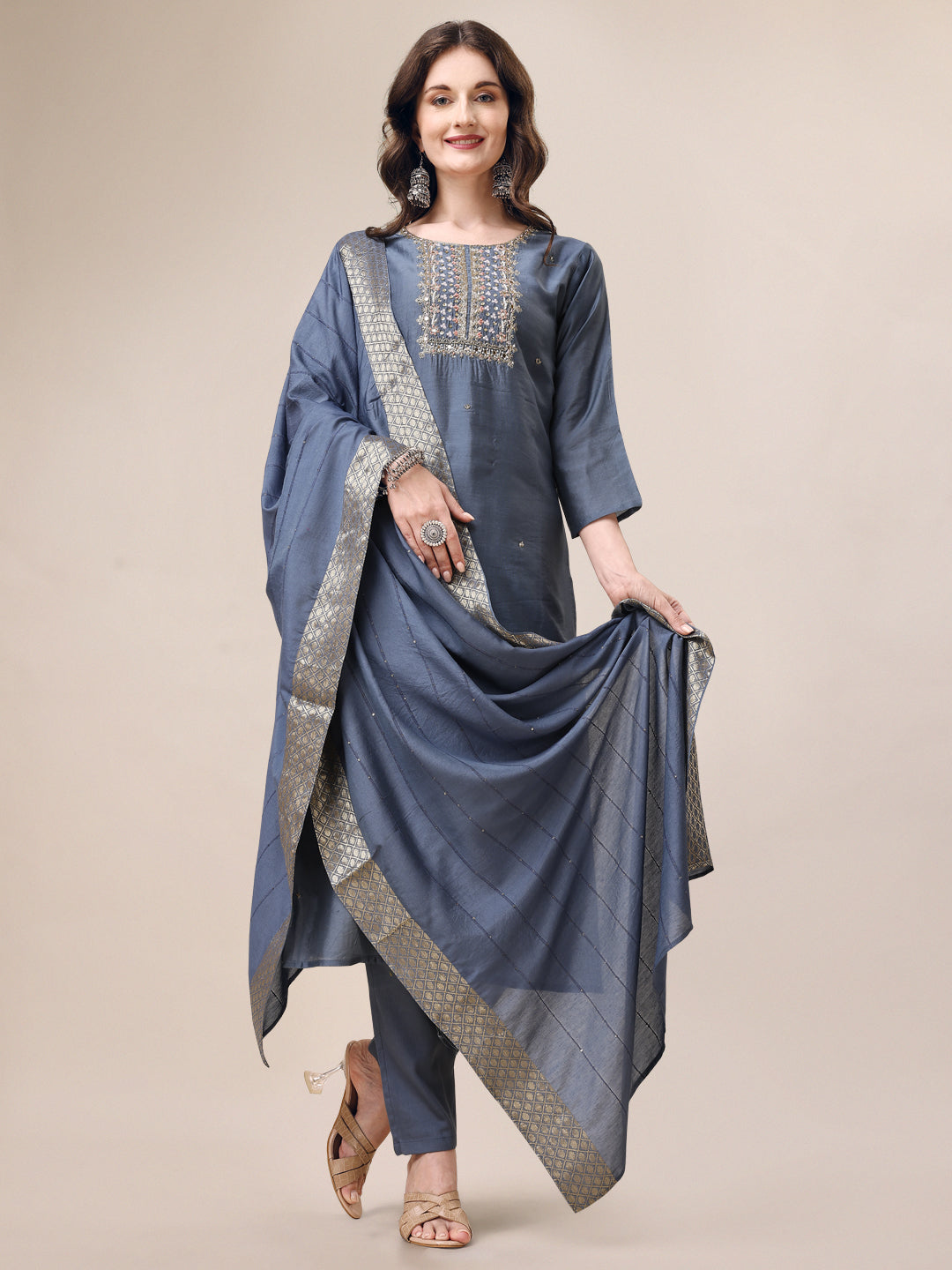 Multicolor hand-embroidered rayon kurta set with 3/4 sleeves and matching dupatta
