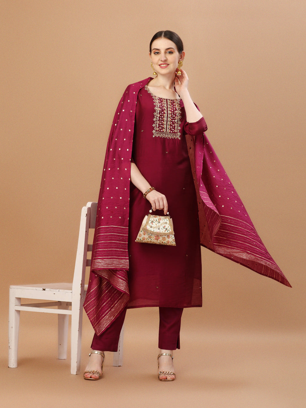 Hand Embroidered Wine Kurta With Pant & Dupatta, Multicolor - Hiral Fashion