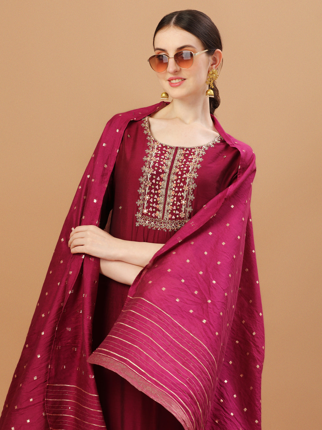 Hand Embroidered Wine Kurta With Pant & Dupatta, Multicolor - Hiral Fashion