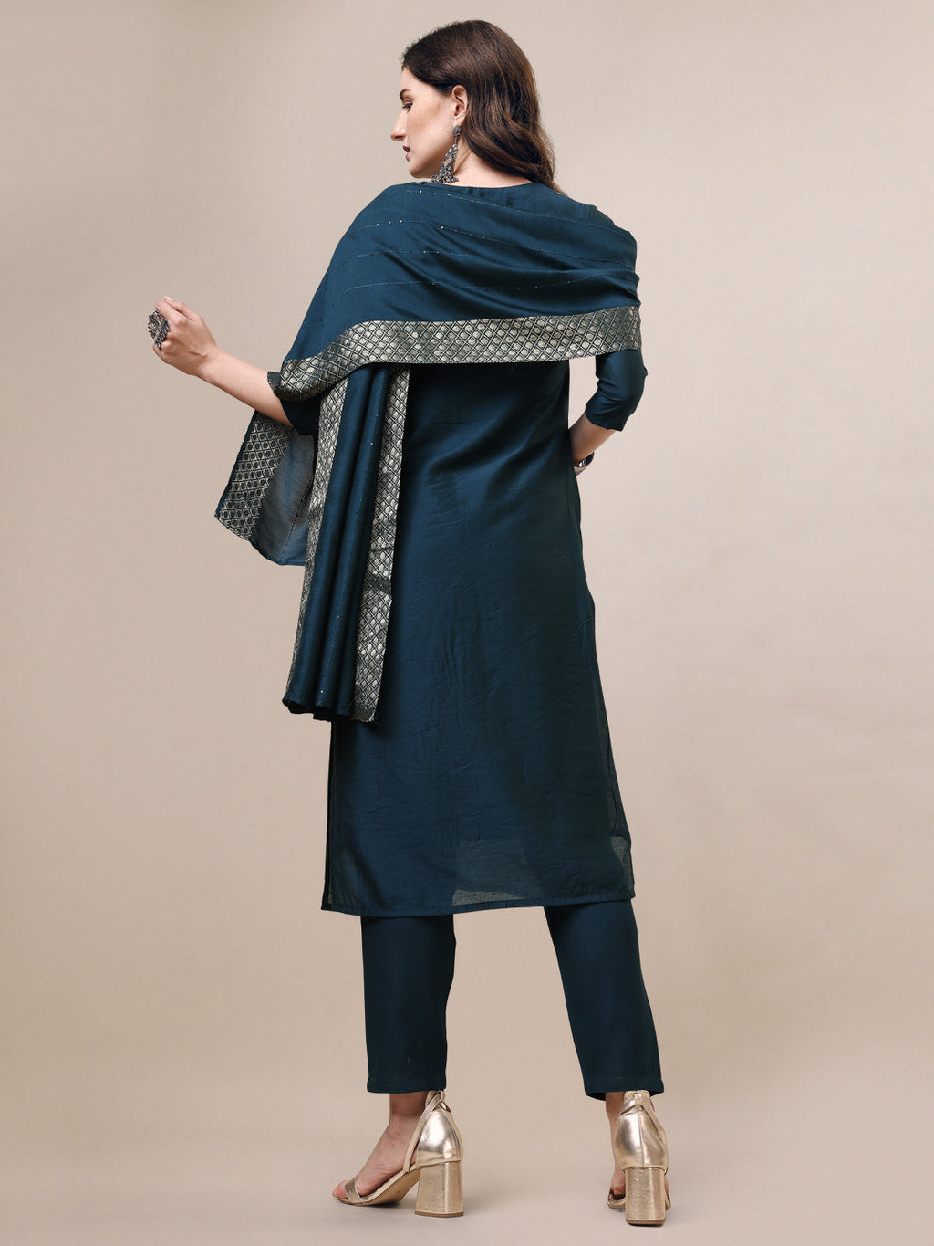 Hand Embroidered Multicolor Kurta Set with Sequined Dupatta