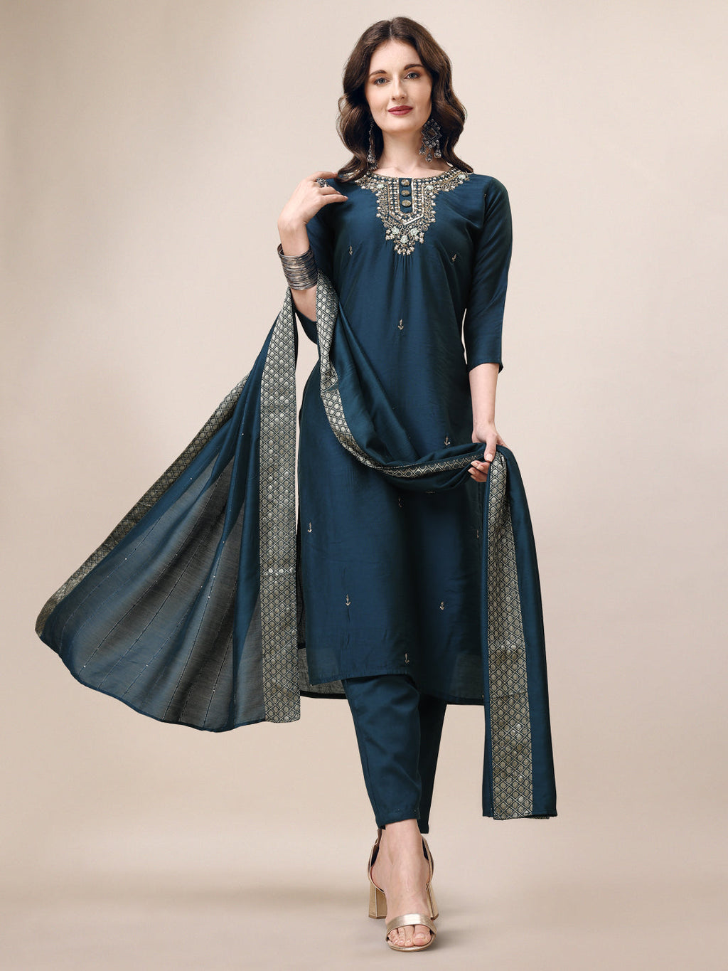 Multicolor hand-embroidered kurta set featuring button embellishments, pants, and a sequined dupatta by Hiral Fashion.