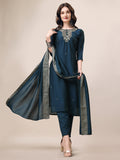 Multicolor hand-embroidered kurta set featuring button embellishments, pants, and a sequined dupatta by Hiral Fashion.