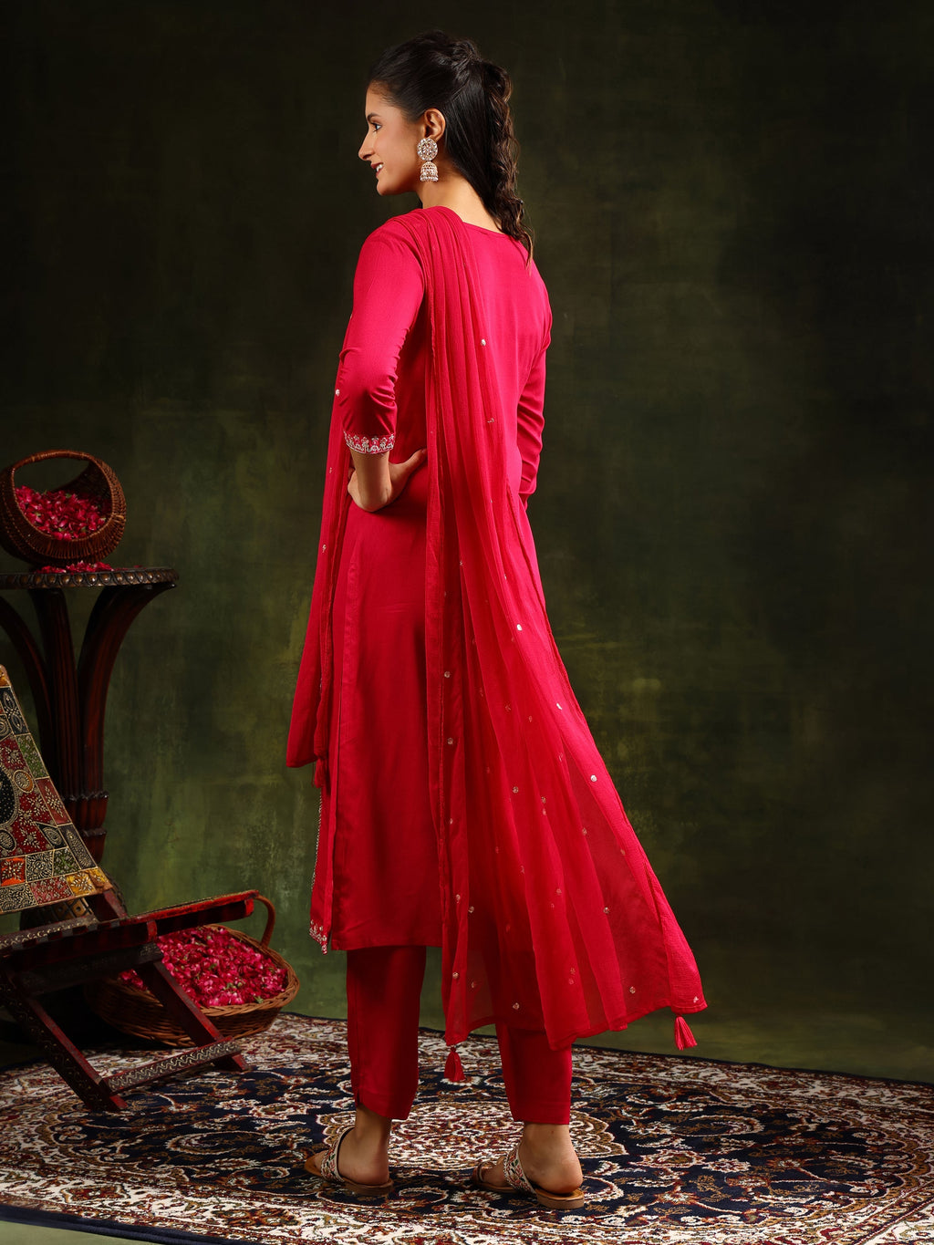 Mirror Embroidered Kurta With Pant & Sequined Embroidered Dupatta, Rani - Hiral Fashion