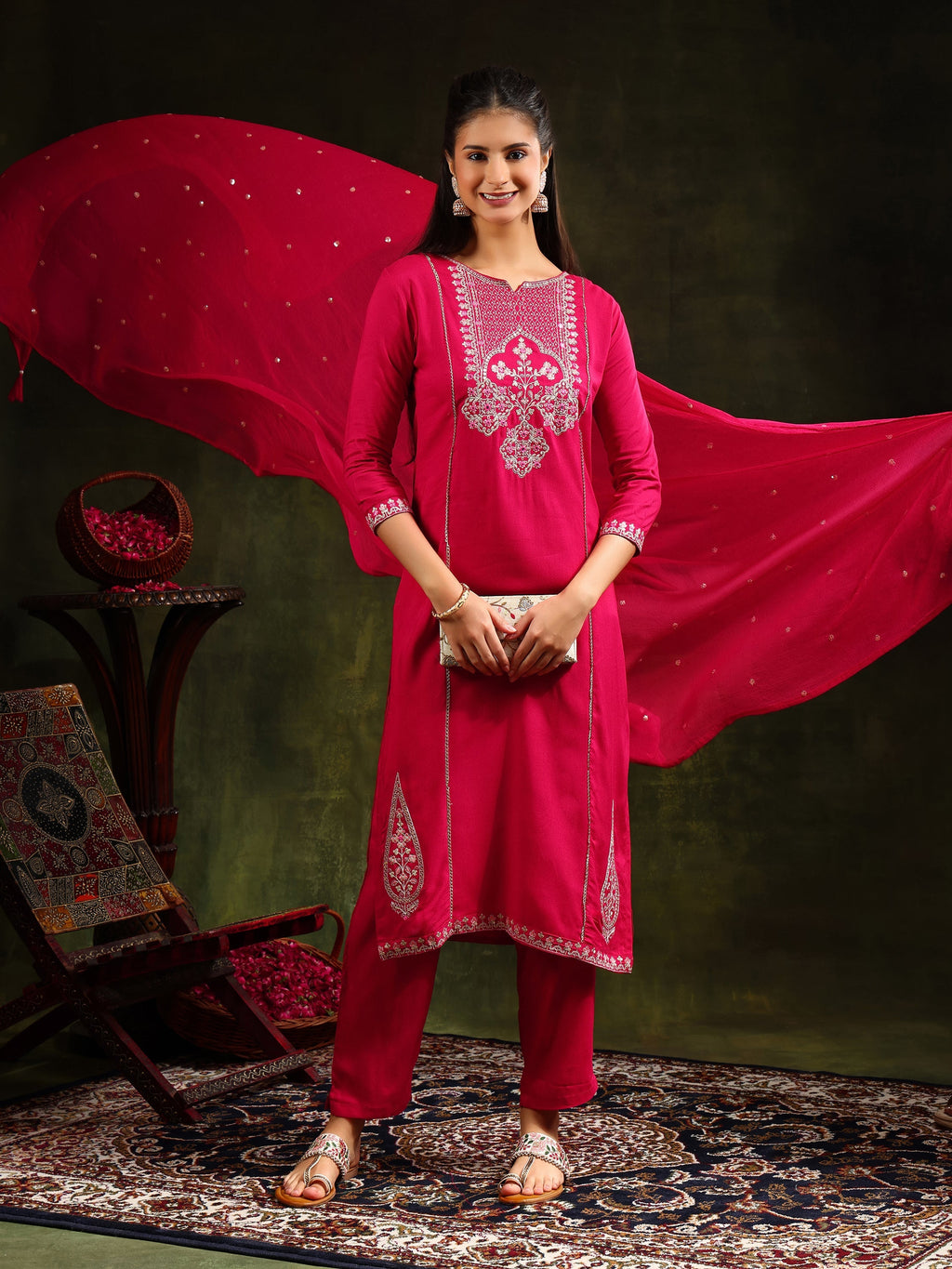 Mirror Embroidered Kurta With Pant & Sequined Embroidered Dupatta, Rani - Hiral Fashion