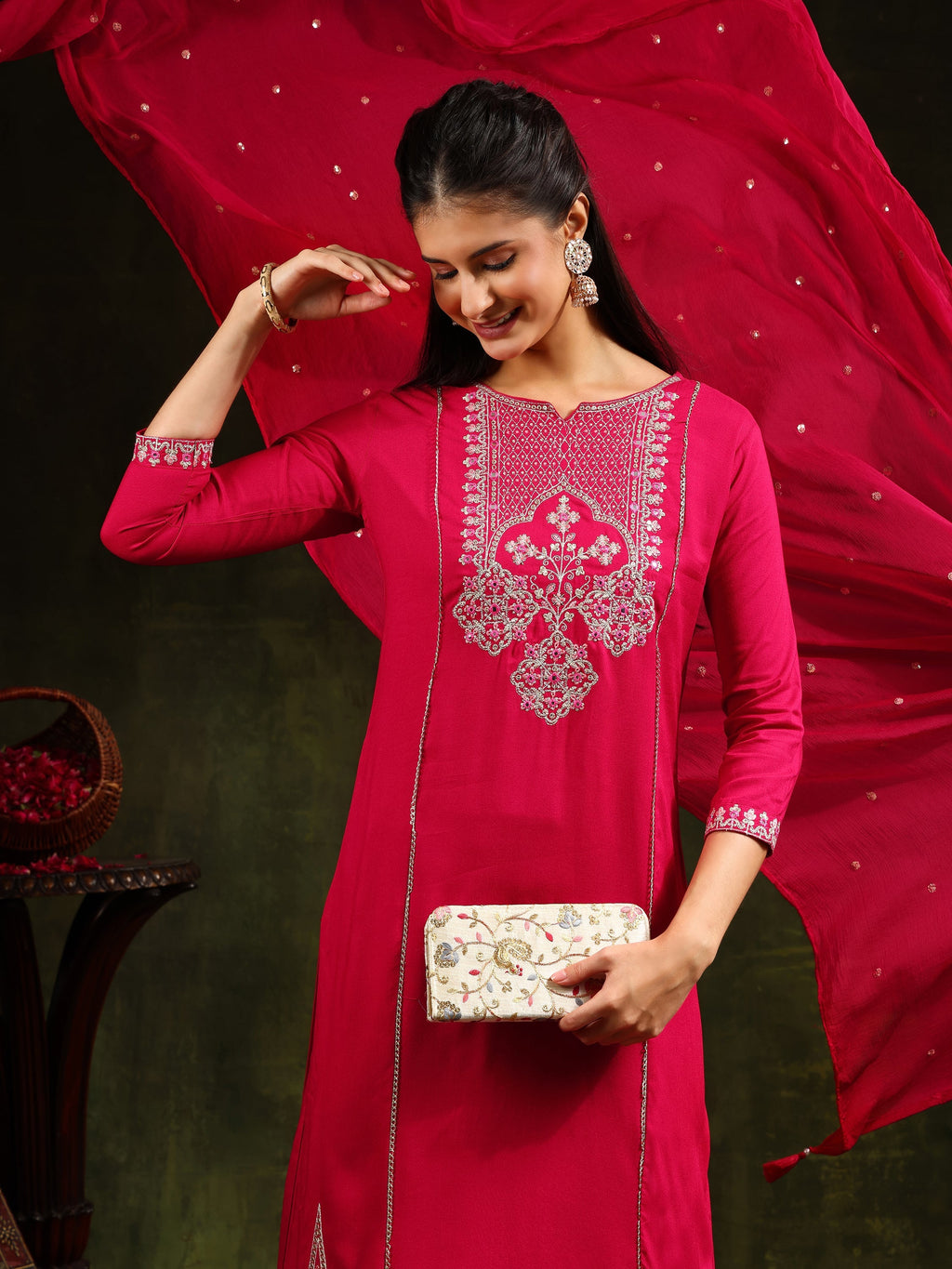 Mirror Embroidered Kurta With Pant & Sequined Embroidered Dupatta, Rani - Hiral Fashion