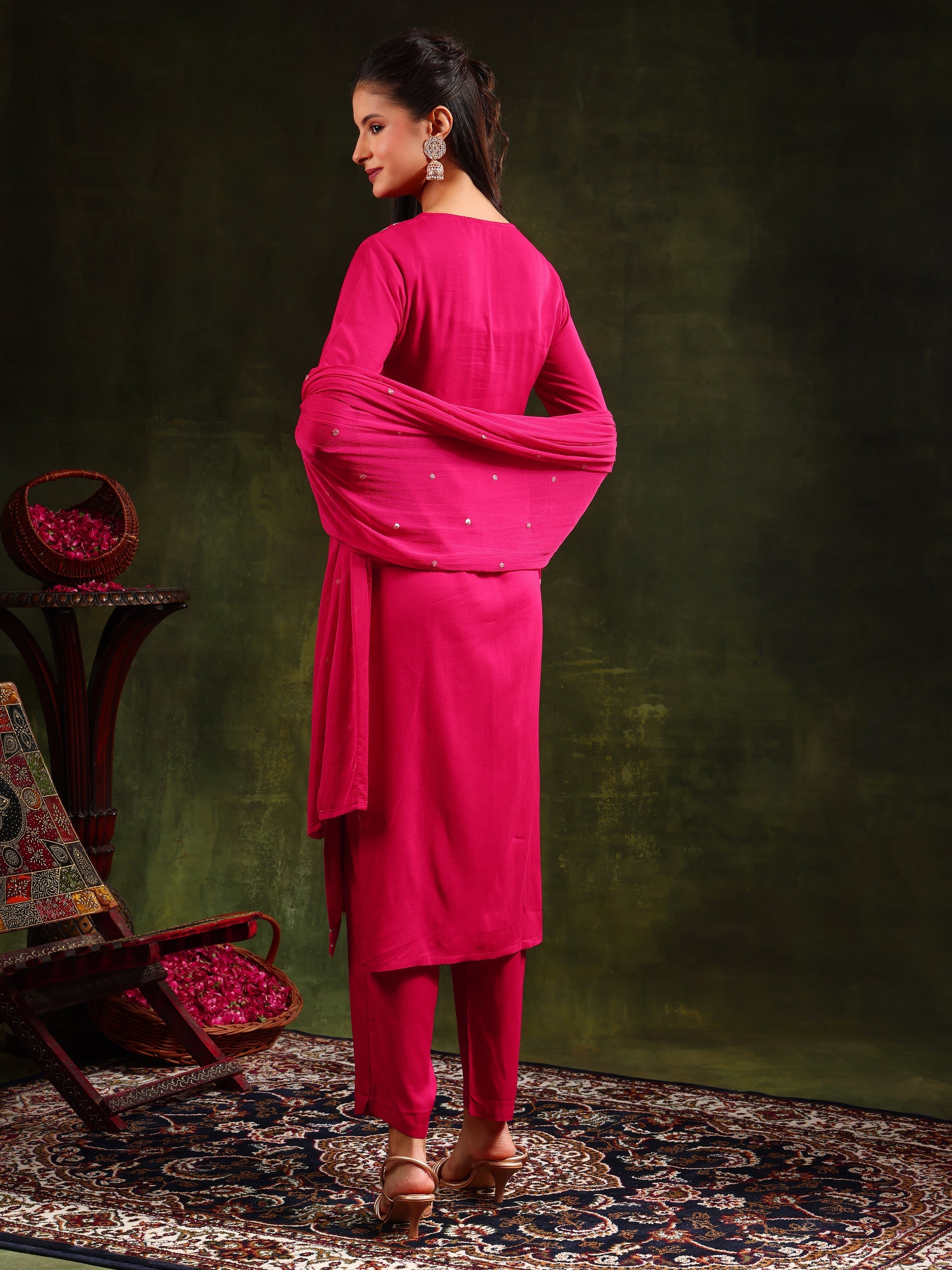 Pink Sequined Embroidered Kurta Set with Pant and Dupatta