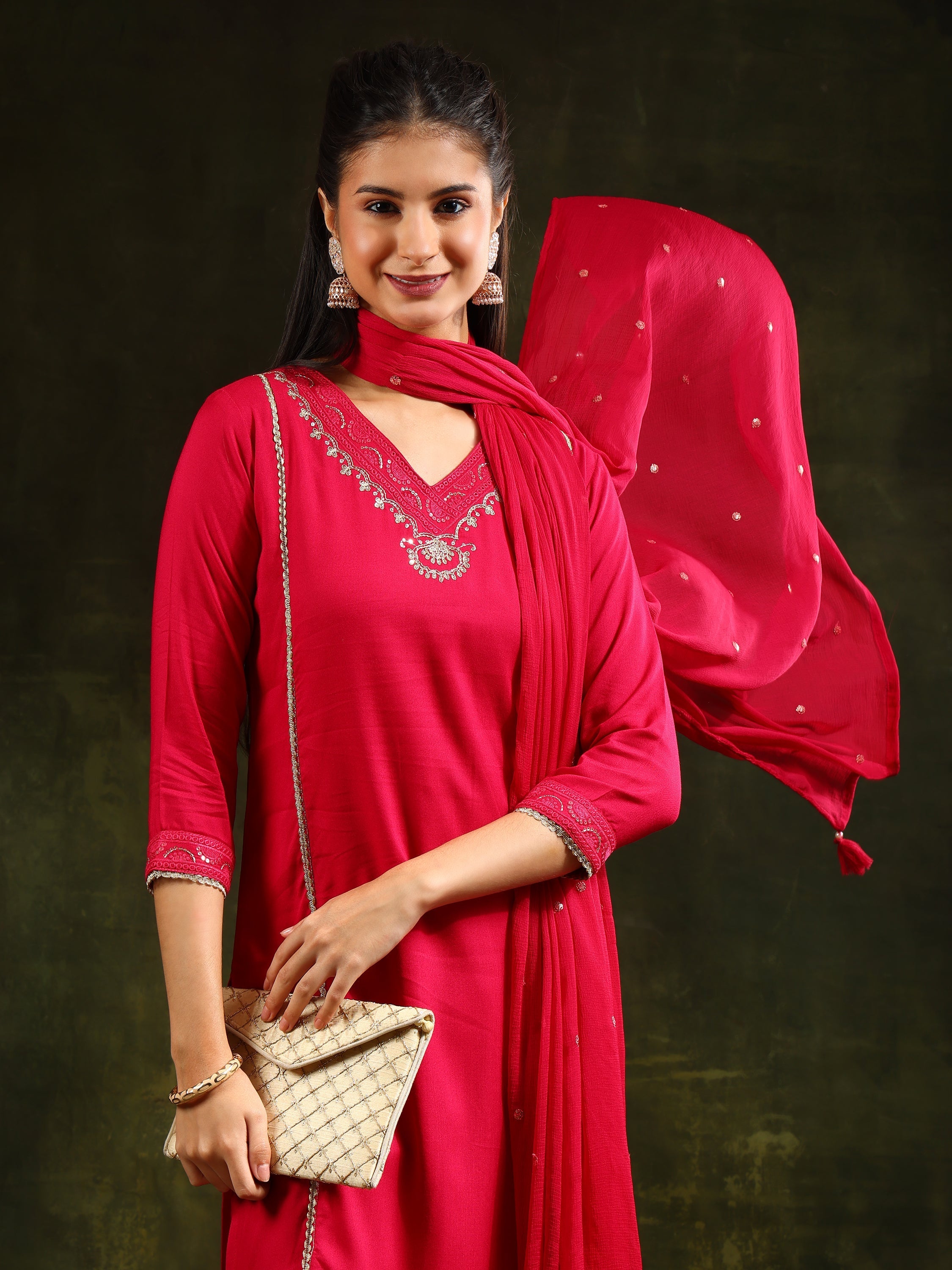 Pink Sequined Embroidered Kurta Set with Pant and Dupatta