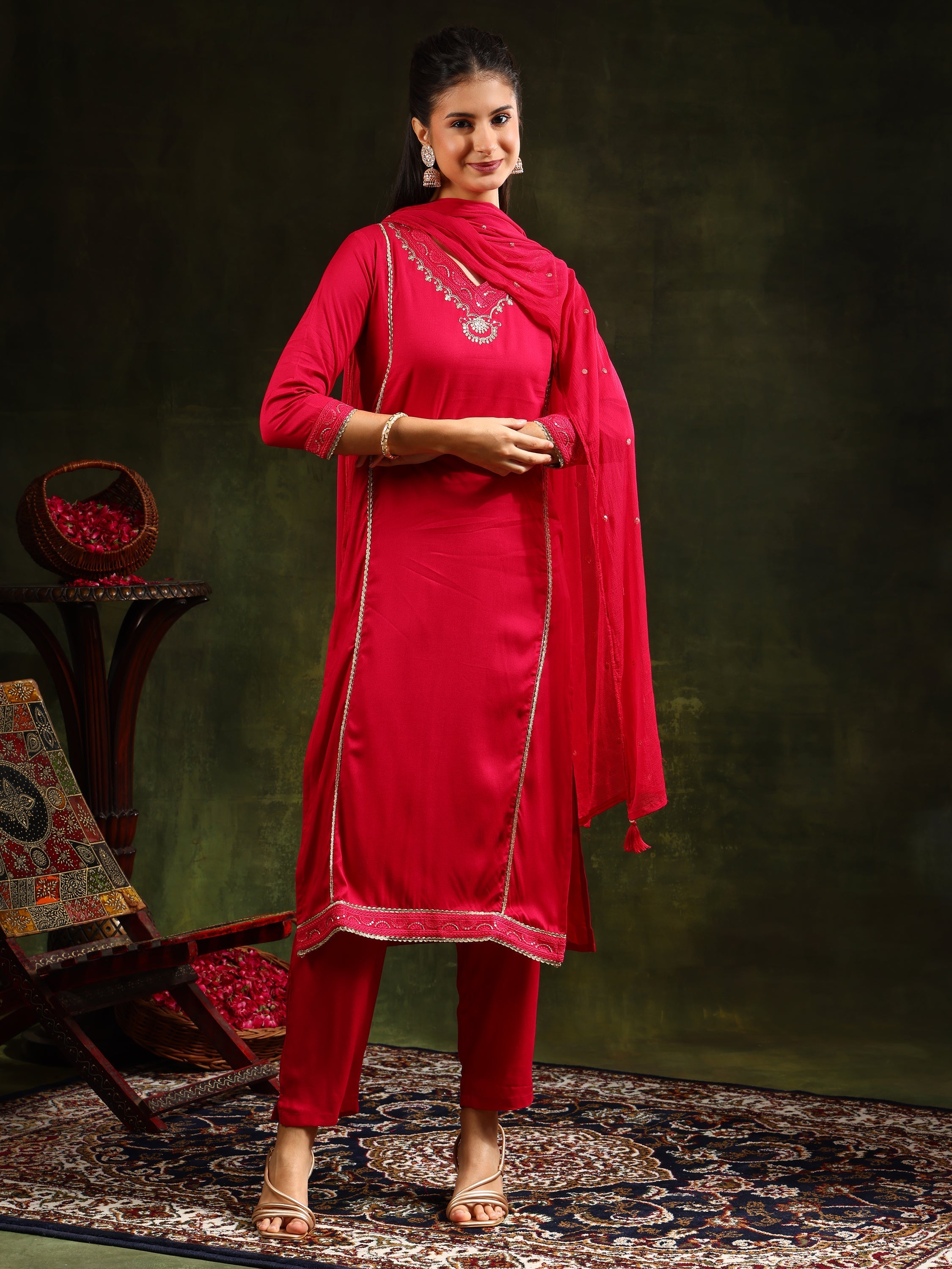 Pink Sequined Embroidered Kurta Set with Pant and Dupatta