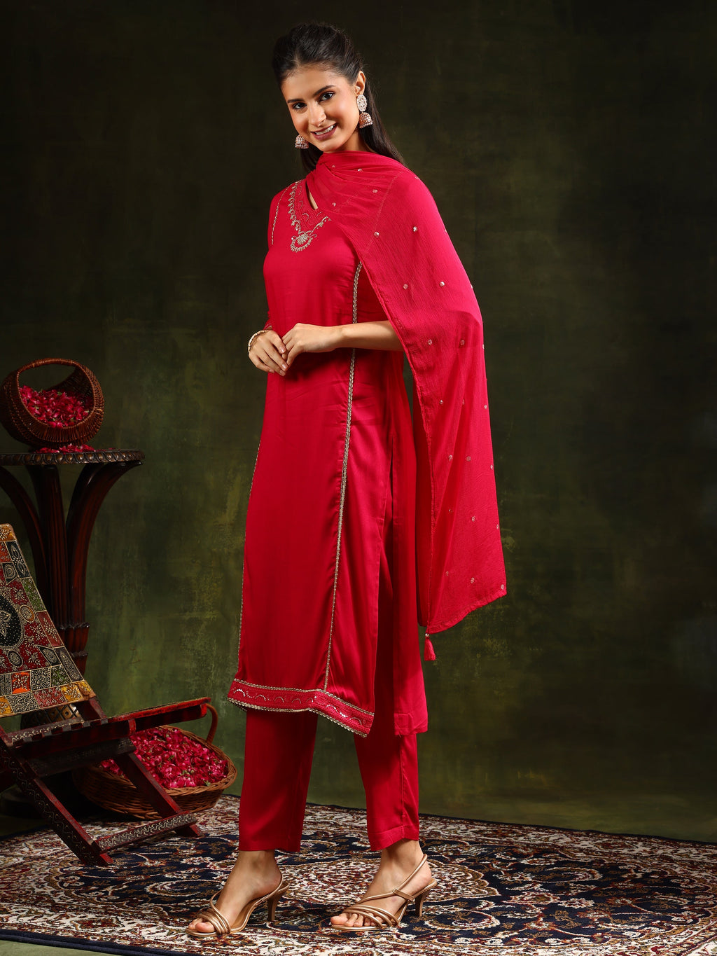 Pink Sequined Embroidered Kurta Set with Pant and Dupatta