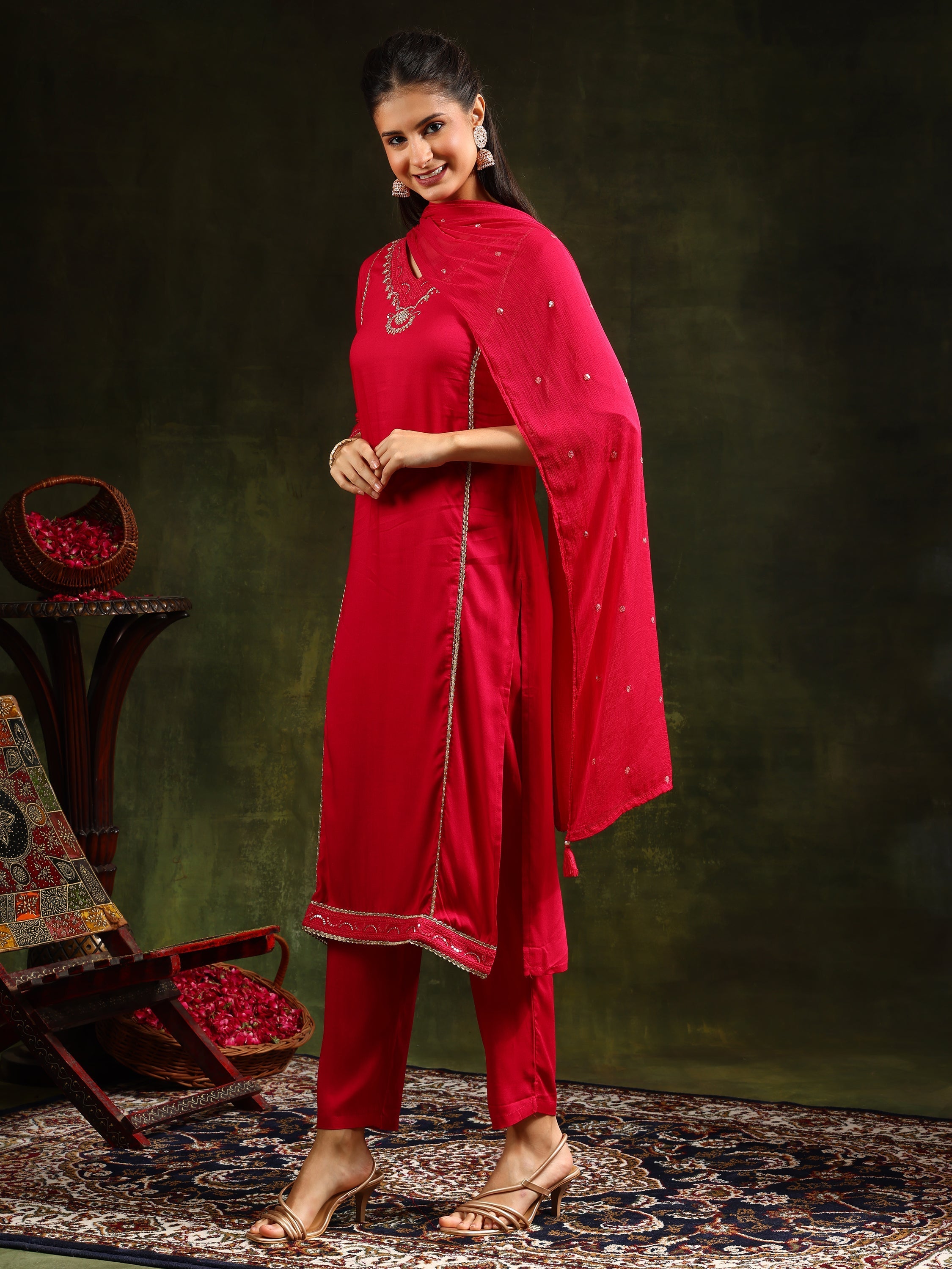 Pink Sequined Embroidered Kurta Set with Pant and Dupatta