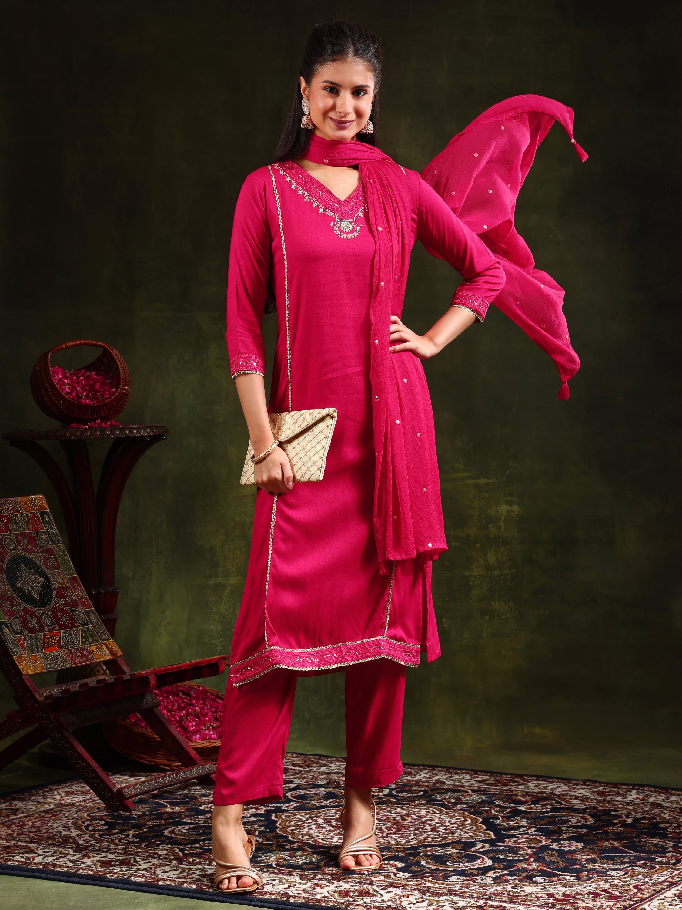 Pink Hiral Fashion kurta set with sequined embroidery including pants and a matching dupatta