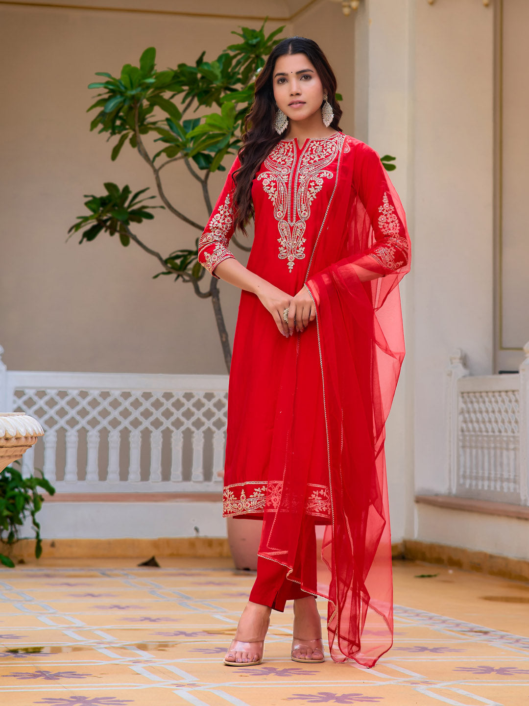 Red Chanderi Kurta Set with Sequins and Zari Embroidery