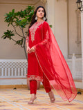 Red Chanderi kurta set with zari embroidery, sequin work, and net dupatta