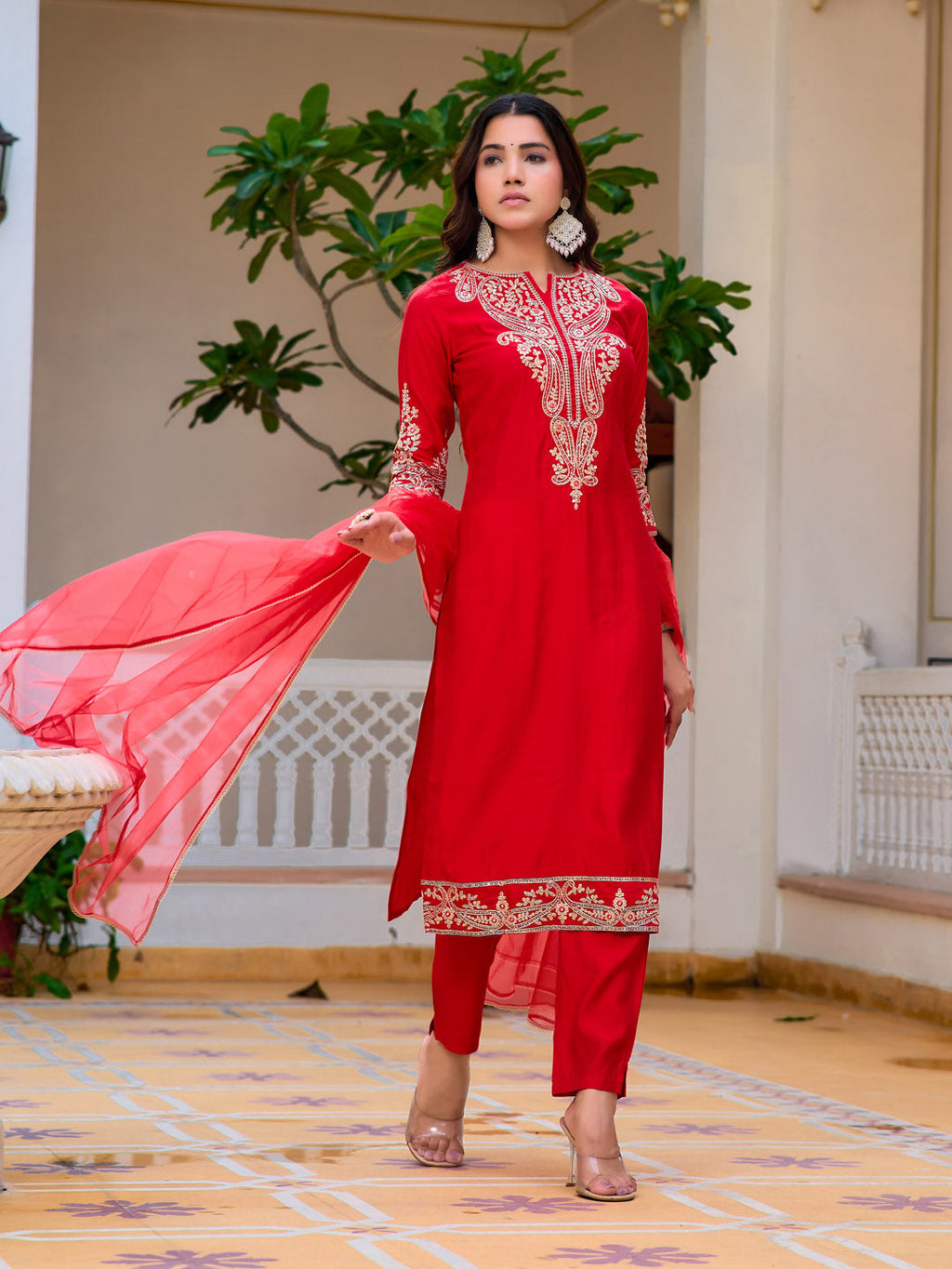 Red Chanderi Kurta Set with Sequins and Zari Embroidery