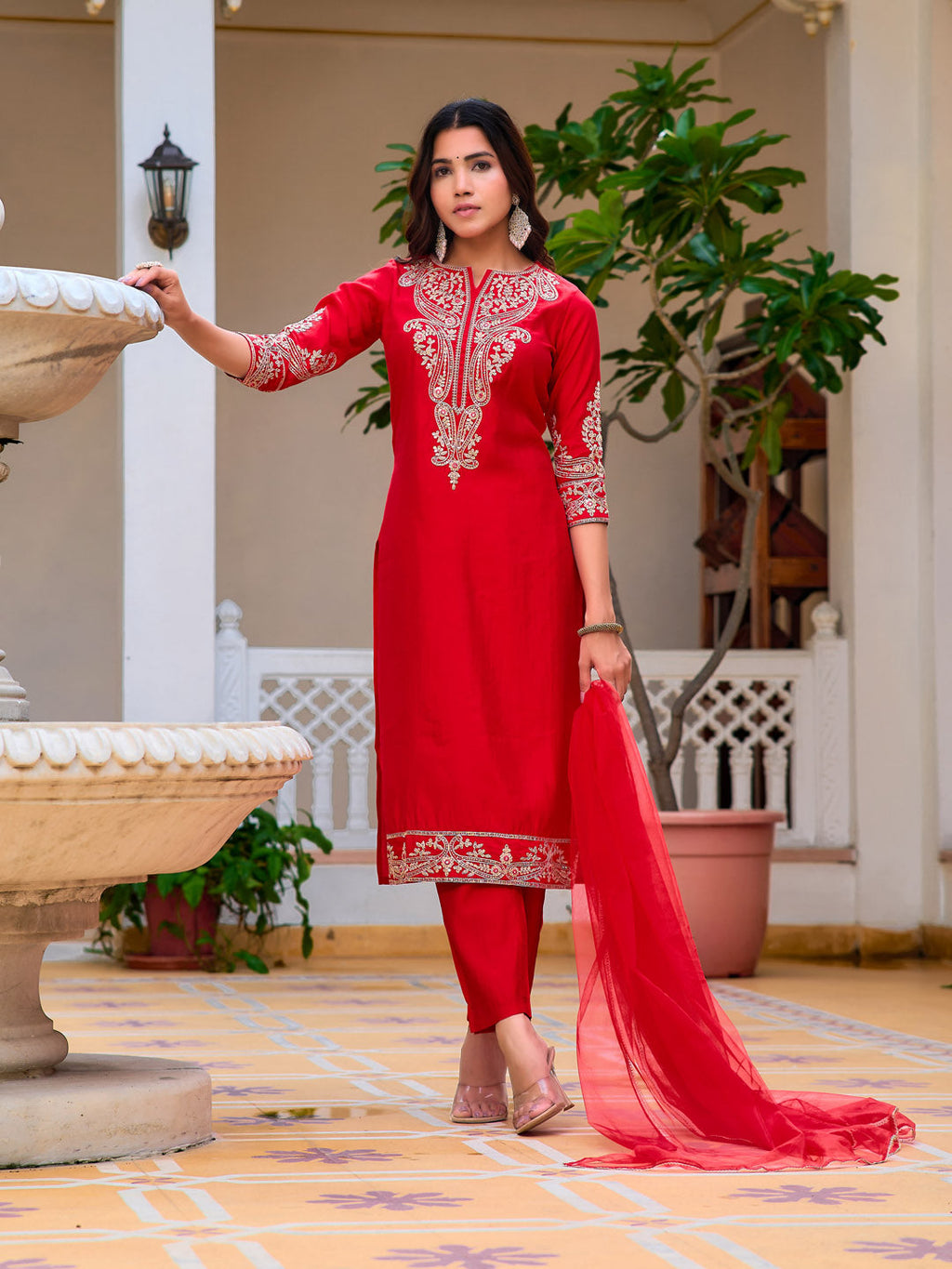 Red Chanderi Kurta Set with Sequins and Zari Embroidery