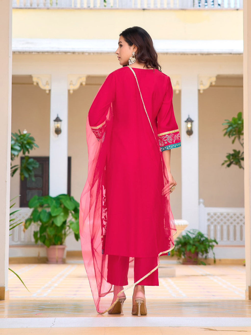 Pink Chanderi Embroidered Kurta Set with Lace Dupatta