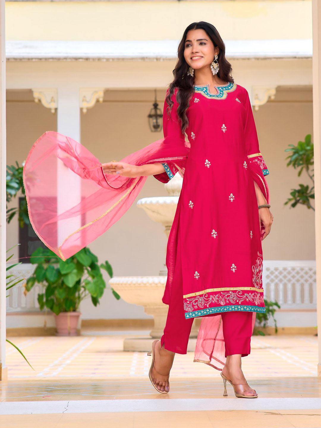 Pink Chanderi Embroidered Kurta Set with Lace Dupatta
