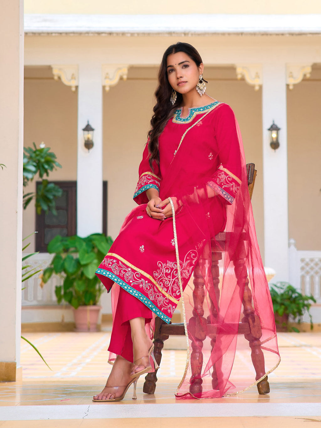 Pink Chanderi Embroidered Kurta Set with Lace Dupatta