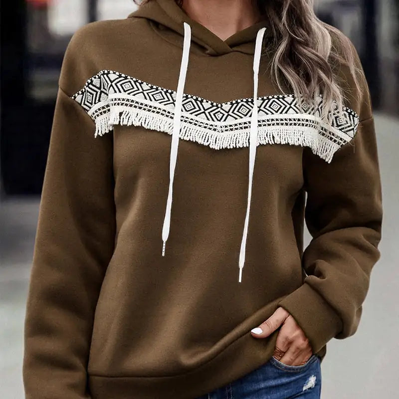 Women's Hooded Pullover Sweatshirt with Patterned Lace Trim - Image 9