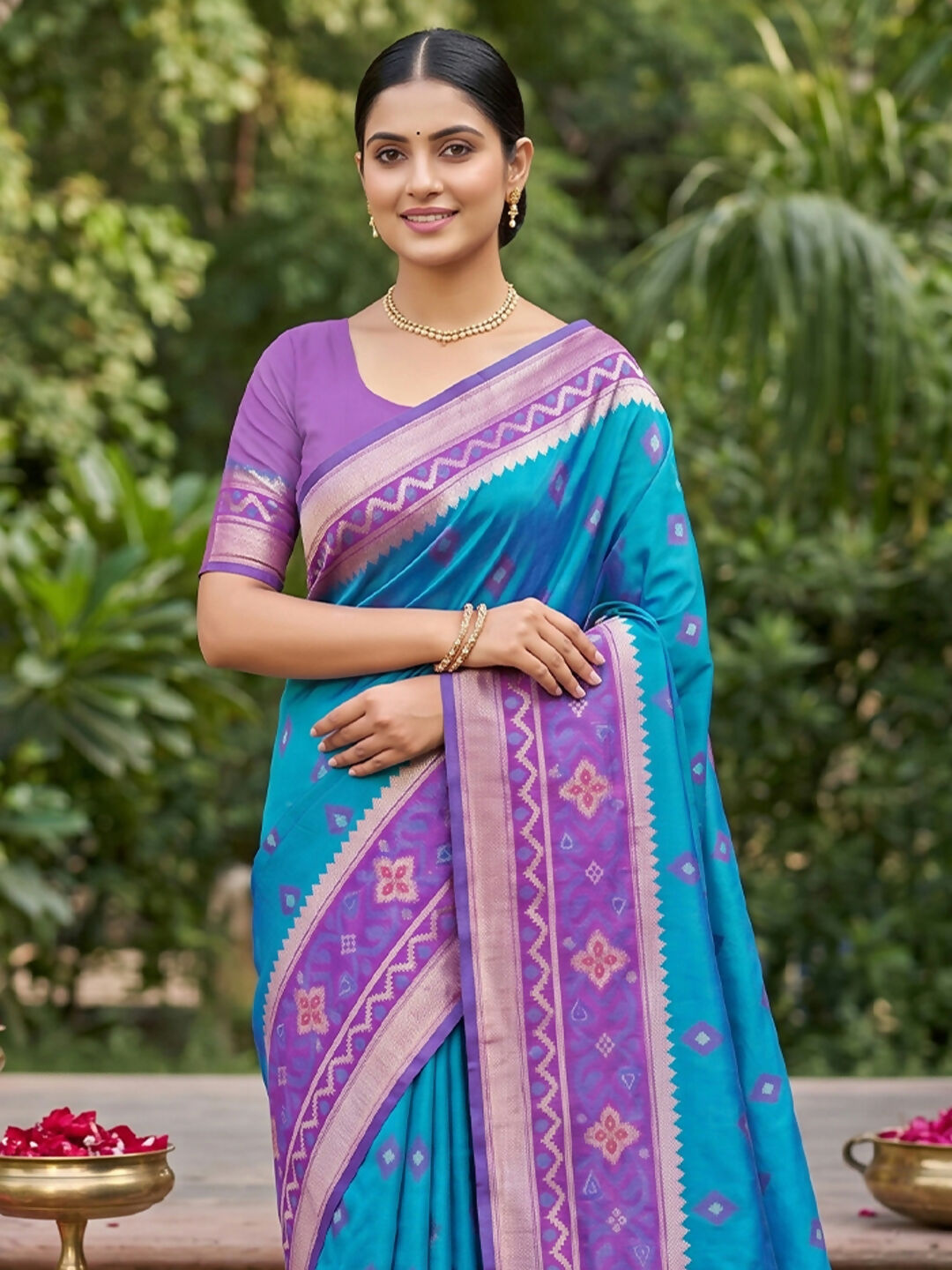 Rama Blue Soft Silk Saree with Matching Silk Blouse Piece