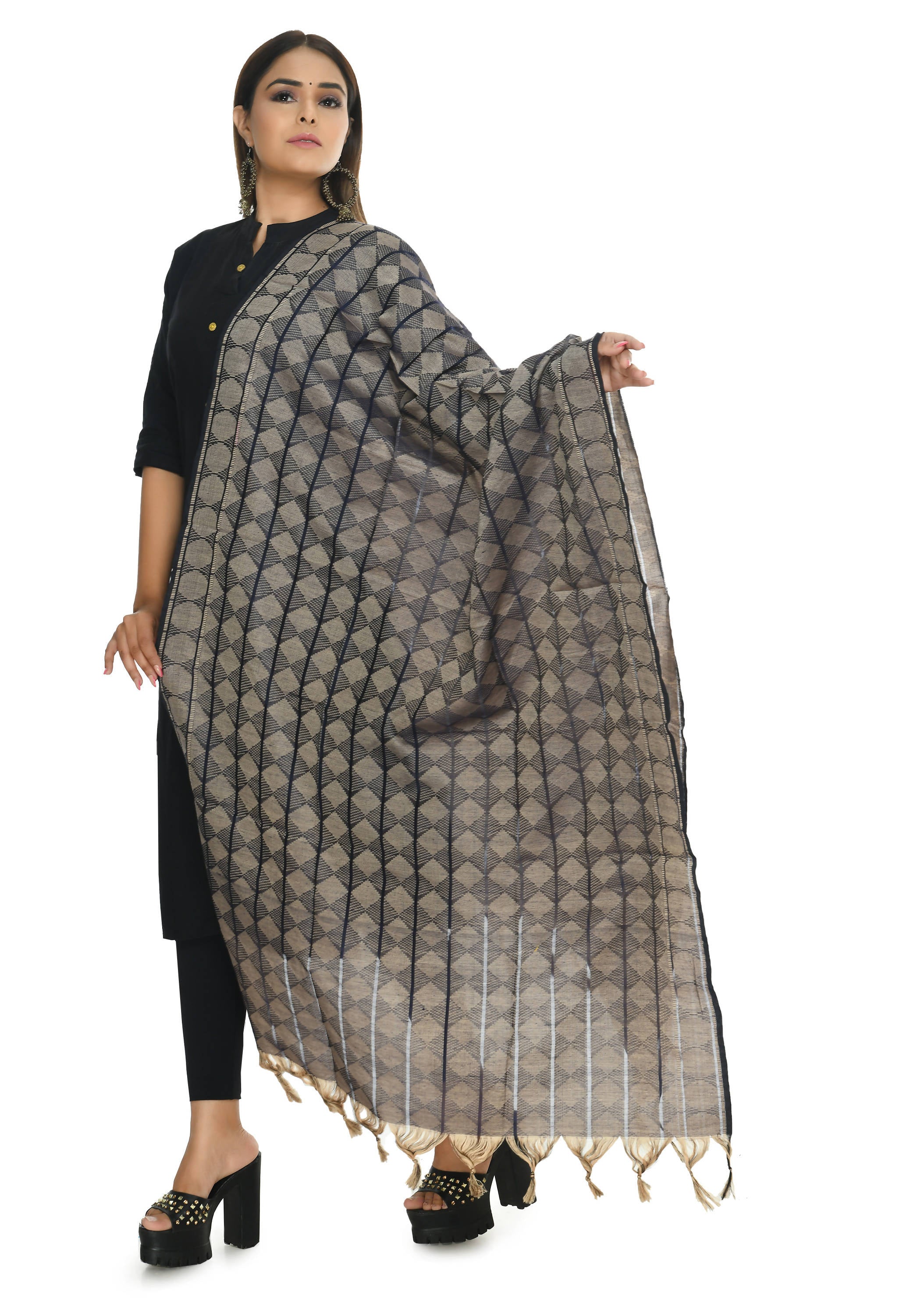Navy Blue Handloom Cotton Dupatta - Elegant Traditional Accessory