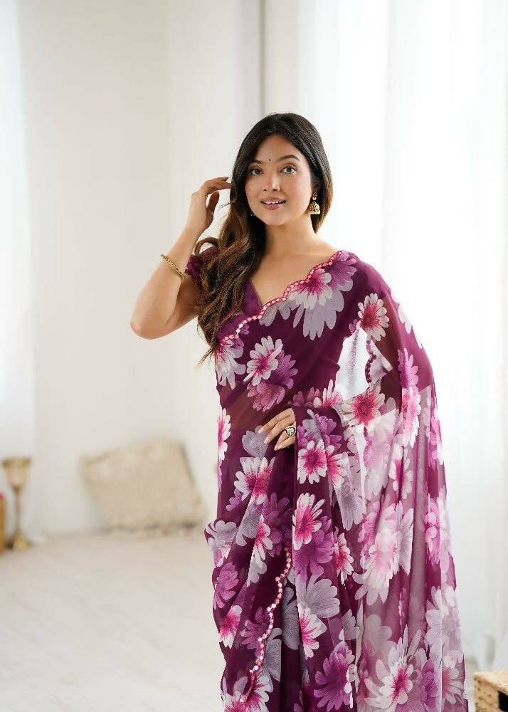 PR Fashion Purple Georgette Printed With Mirror Work Saree
