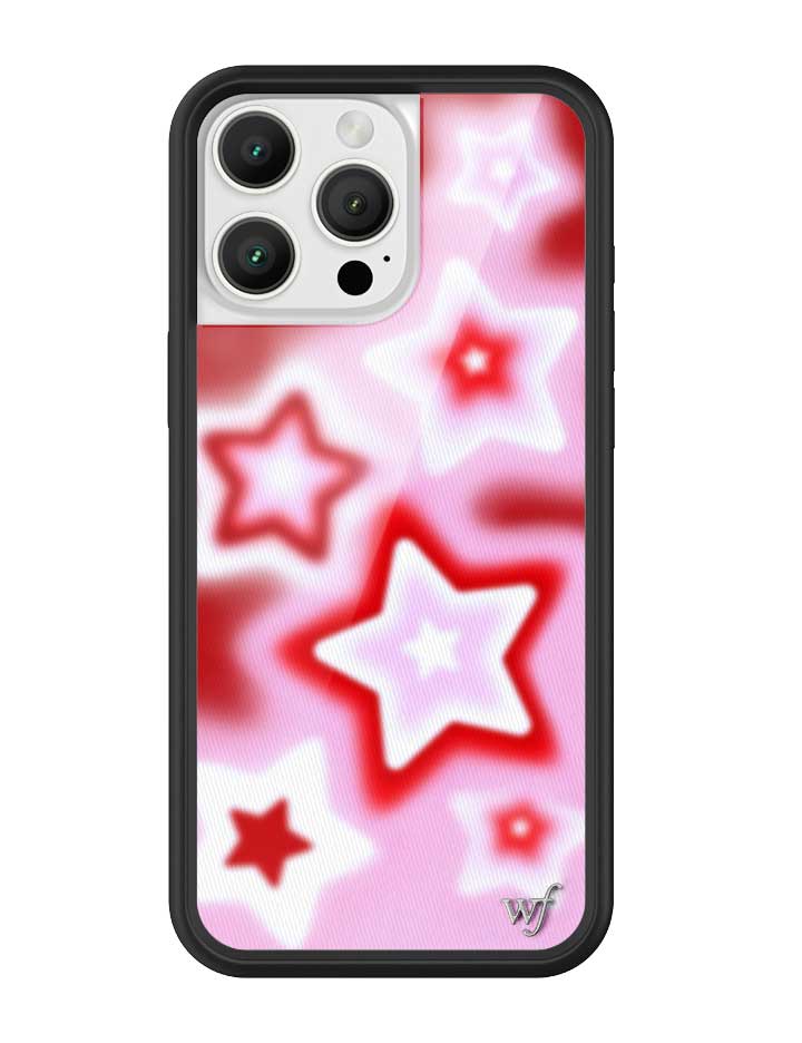 Dream Star iPhone case featuring a pink and red gradient star pattern with a black bumper and silver emblem