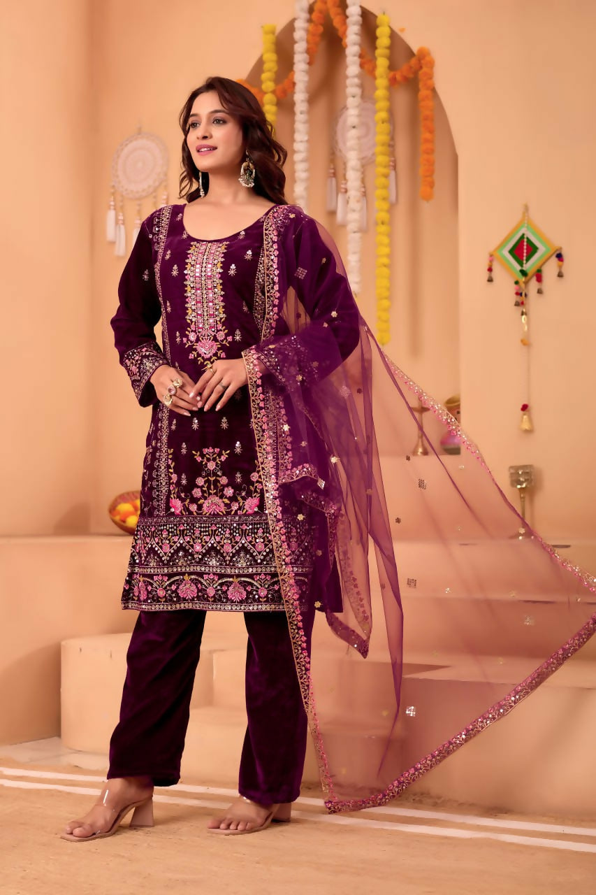 Purple Velvet Embroidered Kurta Set with Sequence Work