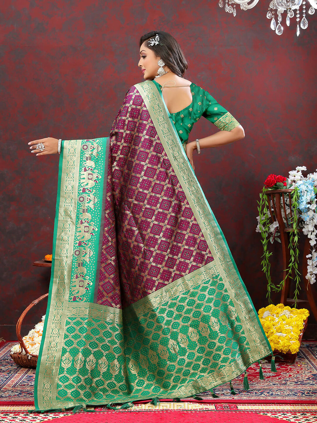 Wine & Green Patola Silk Saree with Meenakari Woven Design