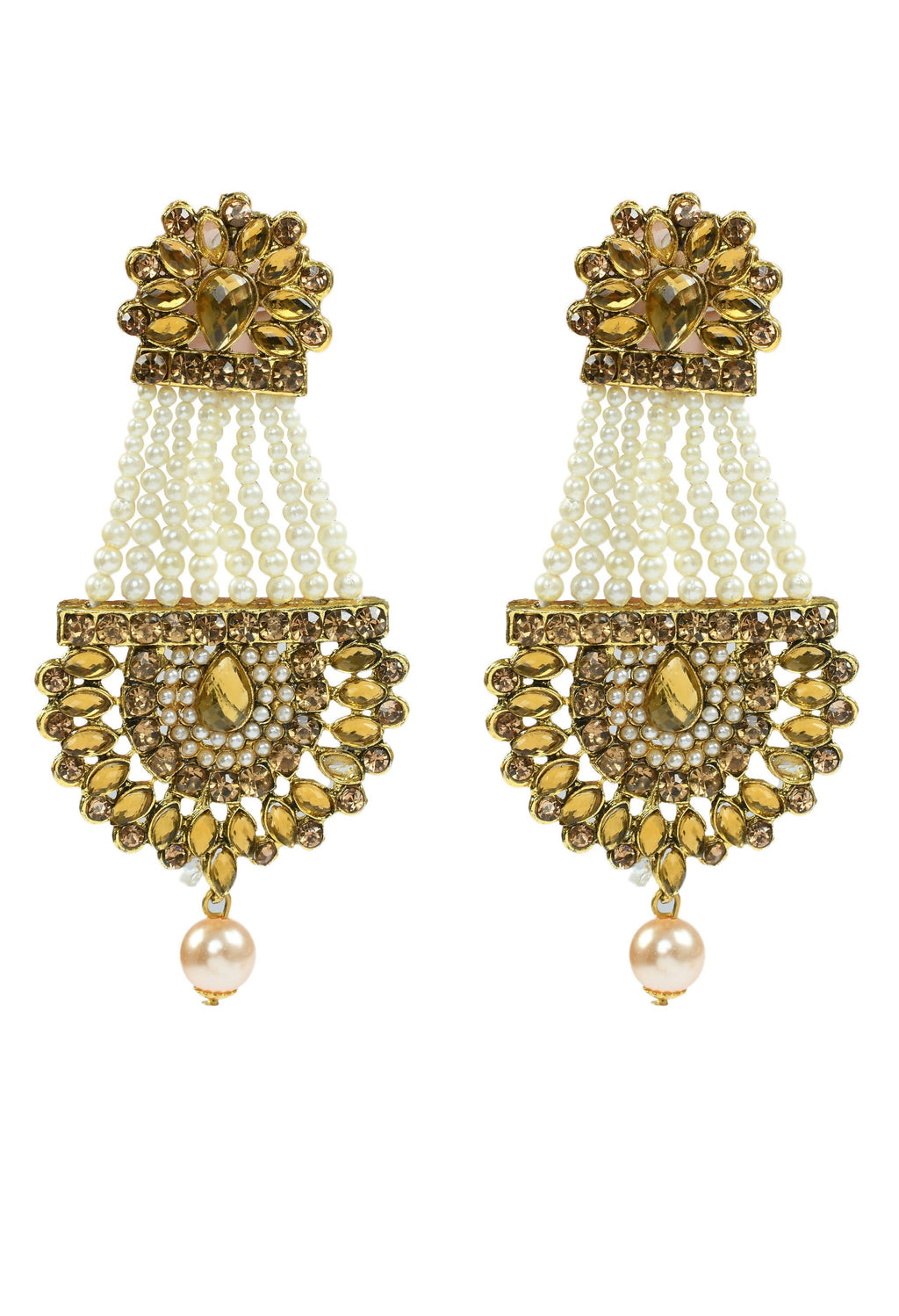 Golden Kundan and Pearl Jhumka Earrings with Maang Tikka