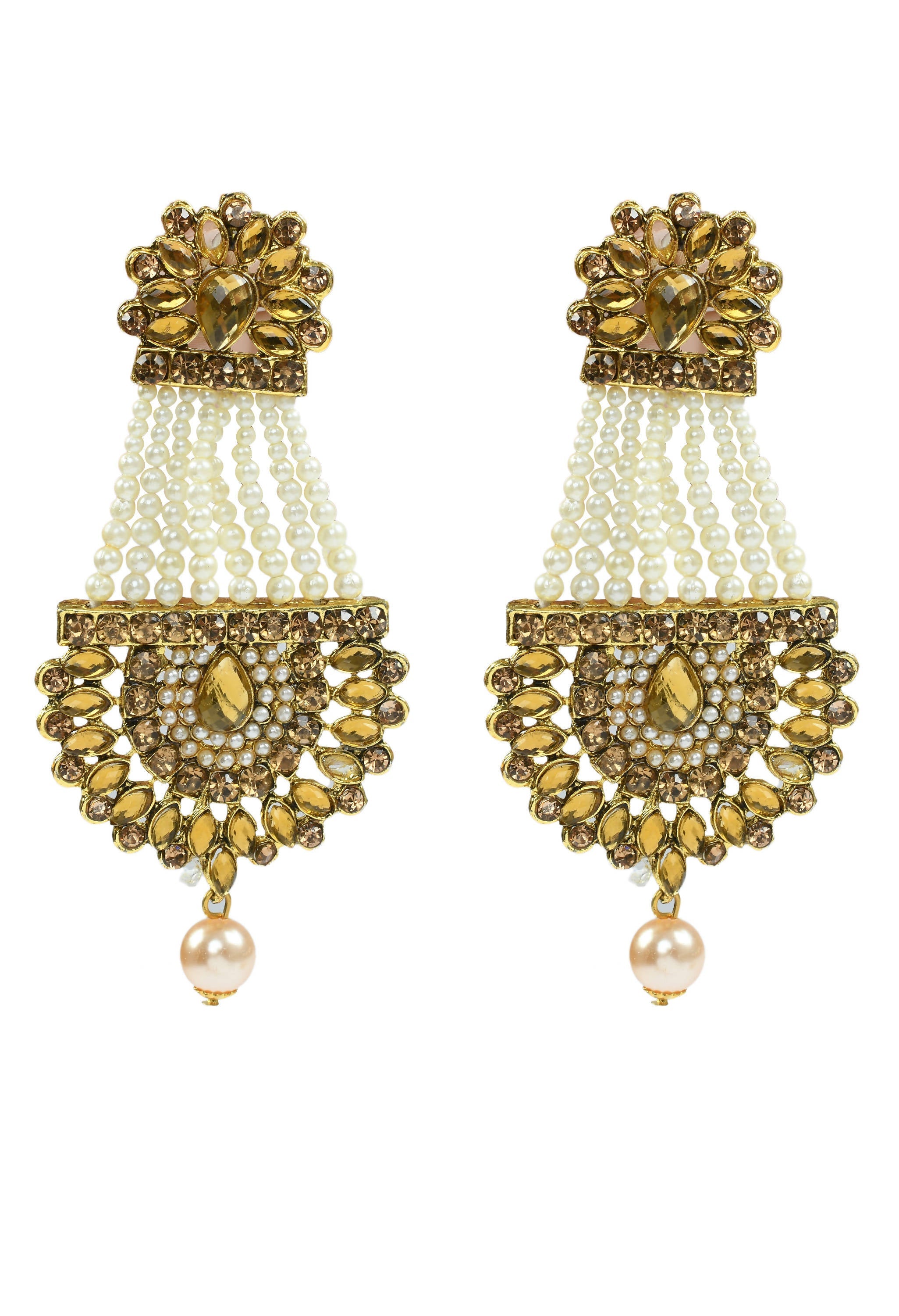 Golden Kundan and Pearl Jhumka Earrings with Maang Tikka