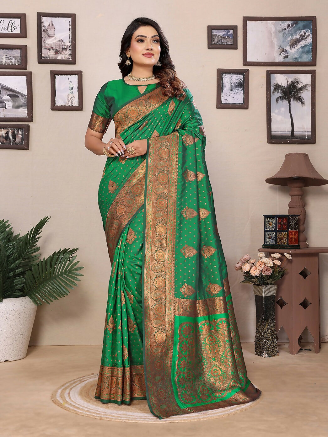 Classic Banarasi green woven soft silk saree with matching blouse