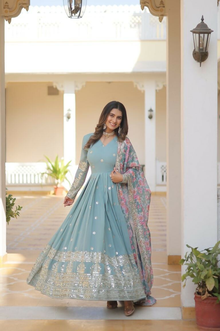 Sky Blue Faux Georgette Anarkali Dress with Sequins & Zari Work