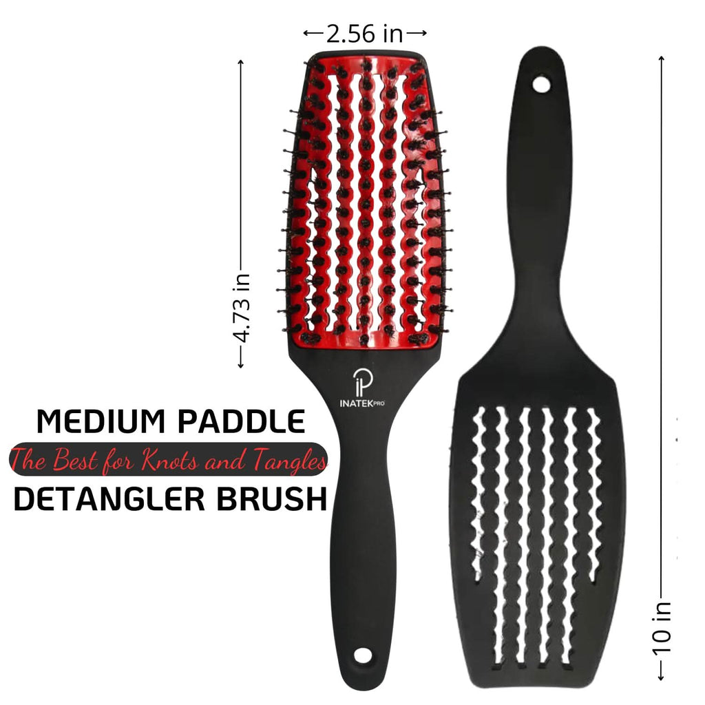 Medium Curved Vented Boar Bristle Detangler Brush in Red